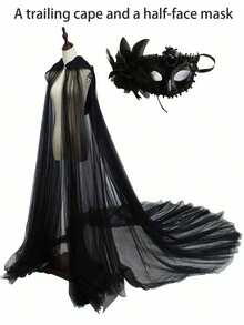 2件組萬聖節黑色連帽披風＋半臉面具套組，暗黑哥德風吸血鬼新娘披肩，黑白女款抽繩披肩面具組，蕾絲化妝舞會面具，萬聖節拍照道具，前綁帶女巫披風，萬聖節派對裝扮 - 彩色 - 查看 7