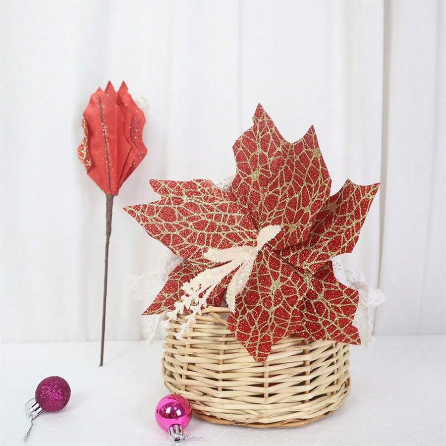 Christmas Artificial Flower, Shiny Colorful Tree Topper Stem Home Decor Party Favor - Red - View 1