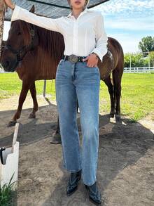 Women's Mid-Rise Straight-Leg Utility Jeans - Classic Wash Pure Color Non-Stretch Denim Pants With Multiple Pockets - Medium Wash - View 10