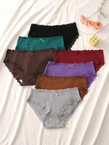 7条/包 女士休闲运动浪漫罗纹蝴蝶结纯棉内裤，性感内衣 - 彩色 - 查看 4