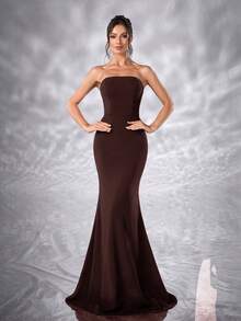 YISIKADO Women Elegant Ball Gown Rhinestone One Shoulder Shawl Sleeveless Formal Evening Dress Mermaid Fishtail Hem Prom Party Dress Elegant Wedding Guest Prom Party Banquet Dinner Graduation Adult Ceremony Celebration Concert Red Carpet Ceremonial Dress - 鏽棕色 - 查看 4