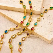 1 pieza Pulsera de mujer de acero inoxidable con cadena geométrica ovalada, en forma de lágrima y cuadrada, con piedras preciosas de colores incrustadas de manera micro