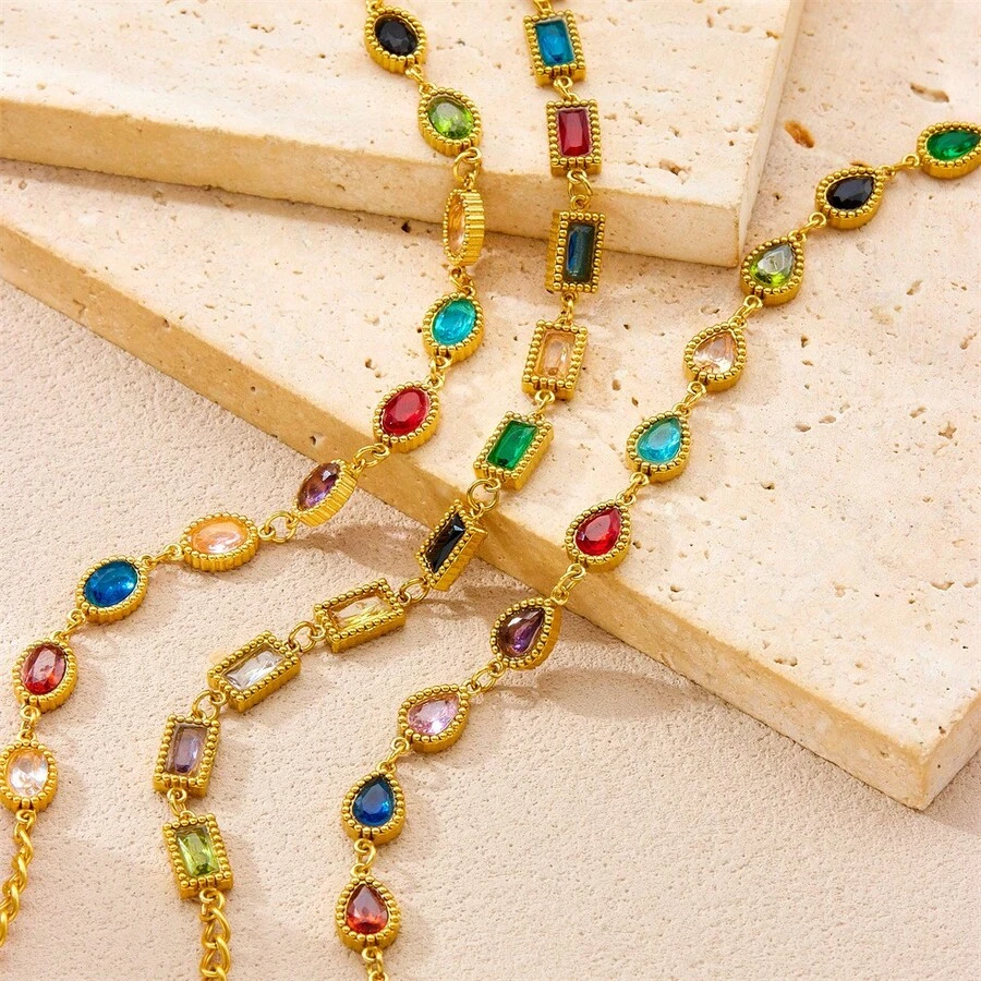 1 pieza Pulsera de mujer de acero inoxidable con cadena geométrica ovalada, en forma de lágrima y cuadrada, con piedras preciosas de colores incrustadas de manera micro