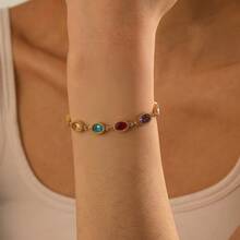 1 pieza Pulsera de mujer de acero inoxidable con cadena geométrica ovalada, en forma de lágrima y cuadrada, con piedras preciosas de colores incrustadas de manera micro