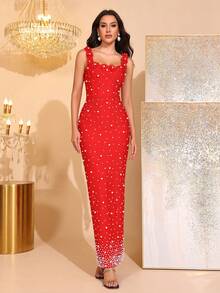 全新优雅珍珠闪亮水钻装饰手工 3D 花卉装饰方领细肩带露背紧身长款绷带连衣裙，女士正式晚礼服，适合生日派对、正式晚宴、狂欢节、复活节 - 紅色 - 查看 3