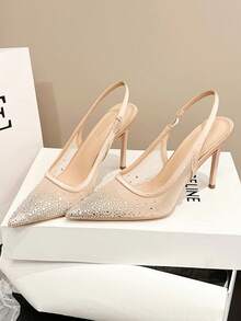 Xin Jing Shoes Giày sandal cao gót nữ mùa xuân/hè mới, kiểu dáng thời trang đa năng, mũi nhọn, chất liệu lưới đính đá, thích hợp cho tiệc cưới, dự tiệc. - Màu Khaki - Xem 11