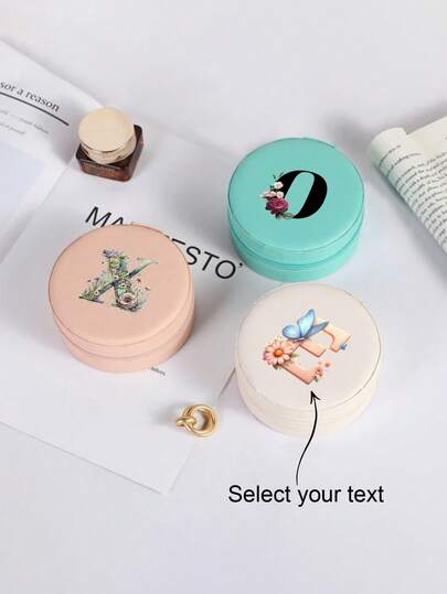 1pc Customized Text Faux Leather Jewelry Box, Square And Round Travel Jewelry Box With Lockable Zipper Closure, Vintage Style, Textured Surface, Faux Leather Lining, Suitable For Rings, Birthday, Wedding Jewelry Box