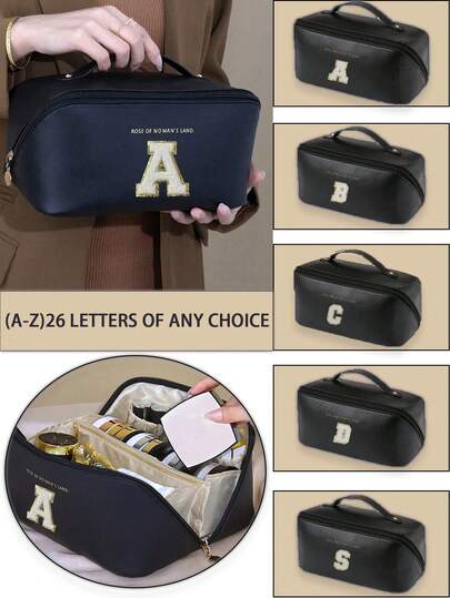 2 件/套 PU 皮革化妆包、带 A-Z 字母的多功能盥洗包、防水便携式旅行化妆包、男女通用美容包、透明手持洗漱包、化妆品收纳包、沙滩包、沙滩必需品、沙滩巾收纳袋、沙滩配件、沙滩用品、度假包、适用于海滩、学校、浴室、节日、情人节、圣诞节、母亲节、秋冬必备