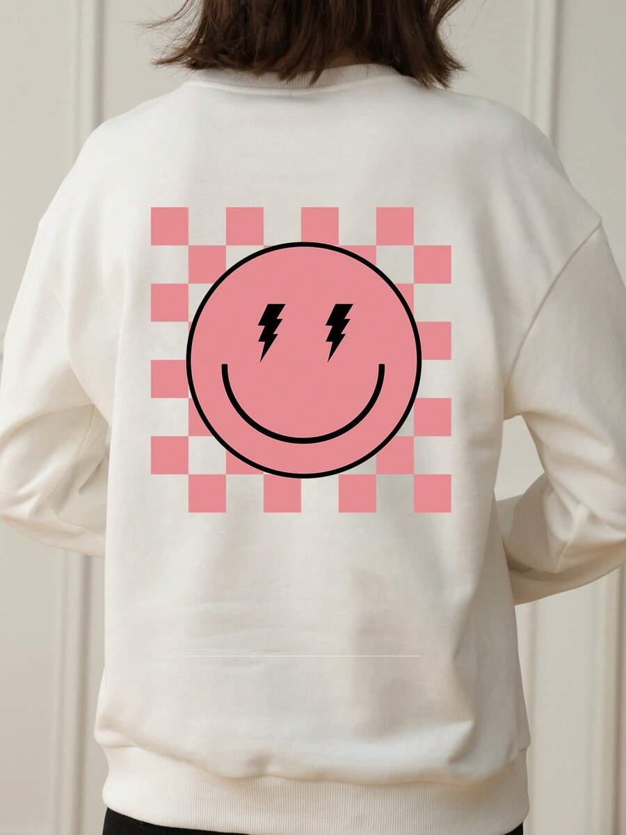 1 pieza Jersey de cuello redondo informal con estampado para niñas preadolescentes, suave y cómodo, diseño lindo que celebra la juventud, para otoño/invierno