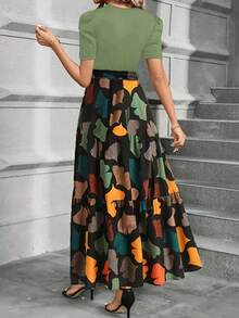 KeKe Bloomly 最新款优雅A字连衣裙，采用泡泡袖、蝴蝶结装饰和暖绿色树叶拼接设计，圆领，可机洗，适合春夏休闲至半正式场合，轻盈面料，时尚女性化风格，是通勤、派对、节日和海滩的理想之选。 - 綠色 - 查看 4