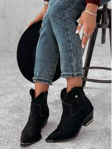 Women's Western Suede Ankle Boots, Mid-Heel, Reinforced Toe - Available In Beige, Black, Camel, Khaki And Green - Black - View 1
