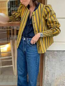 1 件纯色纹理条纹编织面料前扣女式常规夹克，适合春秋季、度假和日常穿着 - 彩色 - 查看 4