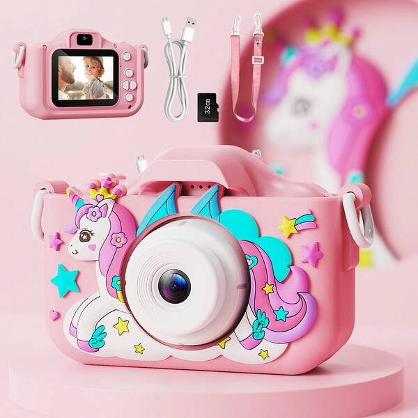 RIVGOT [Certifié pour les enfants] 1 pièce Étui de protection en silicone Caméra selfie HD Licorne, caméra numérique électronique rechargeable avec caméras avant et arrière, fournie avec carte SD 32 Go, jouet de caméra portable convenant aux filles et garçons de 3 à 12 ans, rentrée scolaire, cadeau d'anniversaire