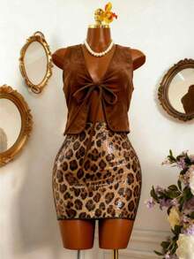Women's New Fashion Sexy Western Cowgirl Style Retro Open Front Suede Sleeveless Vest, Versatile Casual Tie-Up Design Street Style Suitable For Travel - Brown - View 7