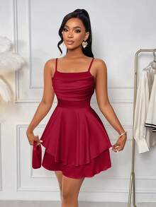 Elegant Women's Solid Color Spaghetti Strap Ruffle Hem Short Dress