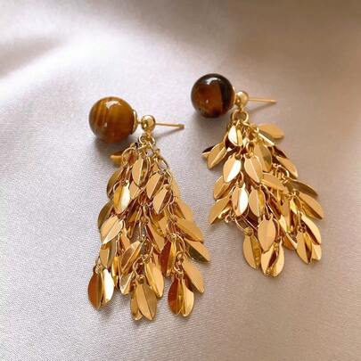 1 Pair Leaf Tassel Earrings With Tiger Eye Stone, Suitable For Women's Daily Wear