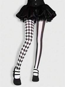 1 chiếc quần tất/legging/vớ nữ co giãn cao, họa tiết kẻ caro đen trắng, dáng bất đối xứng, gợi cảm. - Đen và trắng - Xem 2