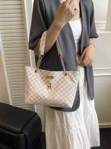2024 New Fashion Large Capacity Handbag For Women, Vintage Chain Shoulder Tote Bag With Printed Pattern, Suitable For Commuting - White - View 7