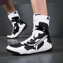 Men's Professional Wrestling Shoes, High-Top Competition Training Shoes, Wrestling Shoes & Fitness Boots, Colorful Patchwork Sports Shoes, Synthetic Leather & Mesh Material, Indoor Fitness Non-Slip Boxing Training Shoes, Suitable For All Seasons, Size: 39-48 - Black and White - View 6