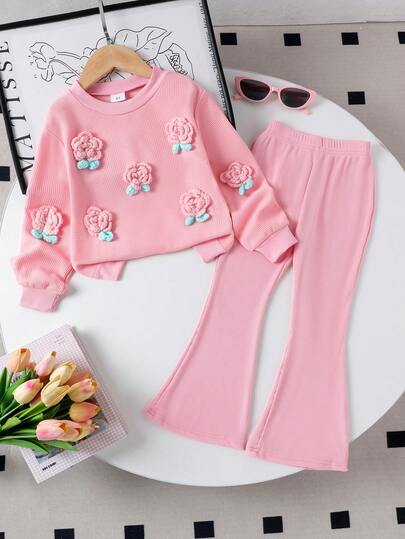 Conjunto de 2 peças de blusa e calça boca de sino com estampa floral 3D fofa para meninas, manga comprida, gola redonda, primavera/outono