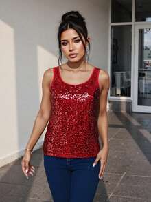 Womens Sequin Tank Tops  Sleeveless Round Neck Solid Color Tops Slim Fit Shirts Festival Tops - Red - View 1