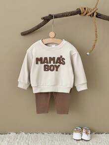 Set de 2 piezas de sudadera de manga larga con parche de letras y pantalones casuales para niño bebé, primavera/verano - Marrón - Ver 5