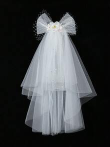 قطعة واحدة من إكسسوارات فستان حفلة البنات، الحجاب والزهرة للرأس لإكسسوارات العروس والخادمات، حجاب أبيض لامع