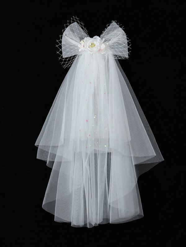 قطعة واحدة من إكسسوارات فستان حفلة البنات، الحجاب والزهرة للرأس لإكسسوارات العروس والخادمات، حجاب أبيض لامع