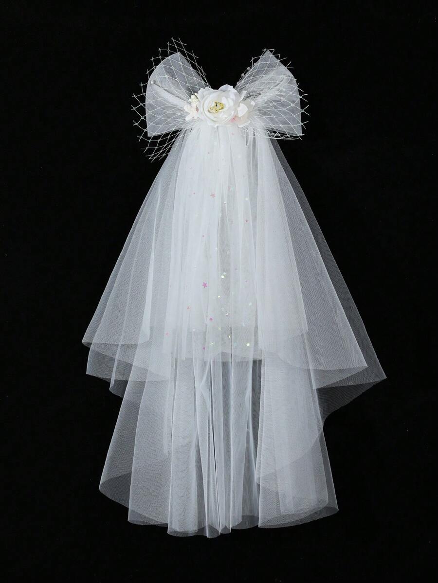 قطعة واحدة من إكسسوارات فستان حفلة البنات، الحجاب والزهرة للرأس لإكسسوارات العروس والخادمات، حجاب أبيض لامع