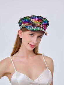 1pc Shiny Polyester Steampunk Rhinestone Captain Hat For Women & Men, Military Cap, Pirate Hat, Suitable For Halloween, Cosplay, Christmas, Bar, Bachelorette Party