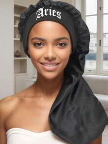 1件装真丝长帽，十二星座印花宽檐贴合长发帽 - 女士缎面睡眠帽，护发配件，柔软面料长帽，贴合帽型。睡眠帽 - 黑色-long bonnet-星座-1pc - 查看 15