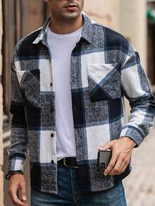 Chaqueta Camisa De Pana Hombre,Camisa Cuadros Hombre de Manga larga Solapa Casual y Versátil , con bolsillo utilitario, para otoño e invierno - Azul oscuro - Ver 2
