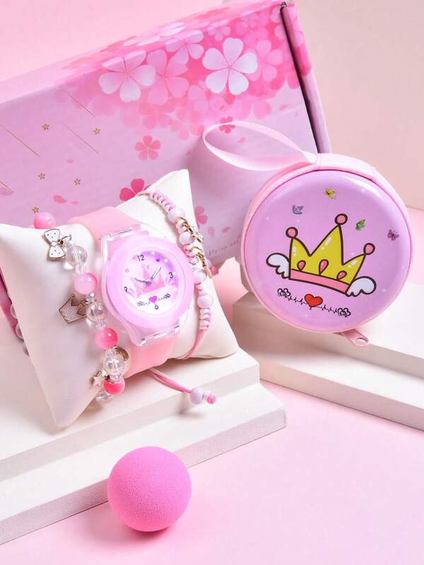 4pcs/Set Girls' Birthday/Christmas Gift - Soft Silicone Strap Crown Princess Children's Analog Quartz Watch, Creative Design Glowing Dial Elementary Student Wristwatch, Pendant Crown Bracelet Coin Purse Earphone Storage Box Set