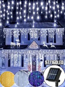 1串太阳能冰柱灯串，97/160颗LED灯珠，8种照明模式，IP65防水，户外太阳能帘灯，适用于房屋、花园、庭院、走廊、阳台、亭台楼阁等室内外装饰，非常适合圣诞节和万圣节装饰（暖白/白/彩色），户外太阳能花园灯 - 黑色 - 查看 3