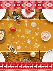 1 pieza Mantel decorativo navideño, Opciones de tamaños múltiples para camino de mesa, Decoración navideña para el hogar, Papá Noel, Campanas, Muñeco de nieve, Hombre de jengibre, Árbol de Navidad, Regalos, Enanos