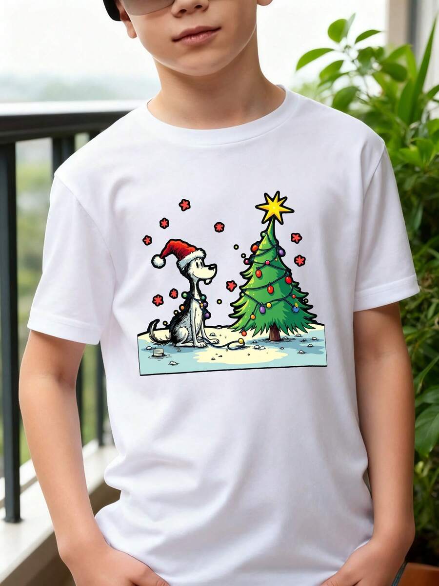 Playeras de niño Perro con sombrero de Santa cerca del árbol de Navidad camisas para niño blusas para adolescentes Camisetas navideñas Camiseta de Halloween para niñas Regalos navideños Camisetas de niña Camisetas para niños y niñas La tela es suave, transpirable y cómoda, hecha de puro - Blanco - Ver 1