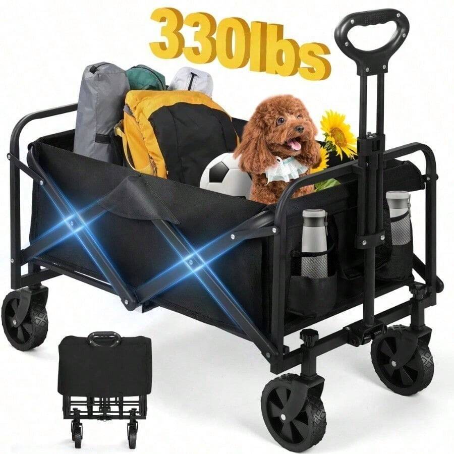 Heavy Duty Folding Pet Wagon Cart With All-Terrain Wheels, 330lbs Capacity Collapsible Dog & Cat Stroller For Outdoor, Travel, Park & Camping – Black - Black - View 1