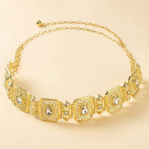 1pc Vintage Metallic Hollow Carved Square Waist Belt, Elegant Accessory For Formal Dress