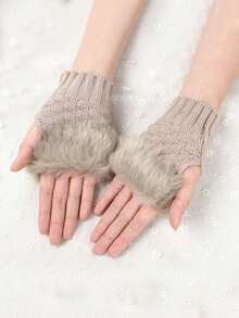 زوج من قفازات نسائية قصيرة مصنوعة من الأصابع بأساور فرو ناعمة، قفازات شاشة تعمل باللمس دافئة وأنيقة للخريف/الشتاء عيد الميلاد عطلة الشتاء ملابس نسائية + أدوات الشتاء + قفازات الدب + عيد الميلاد