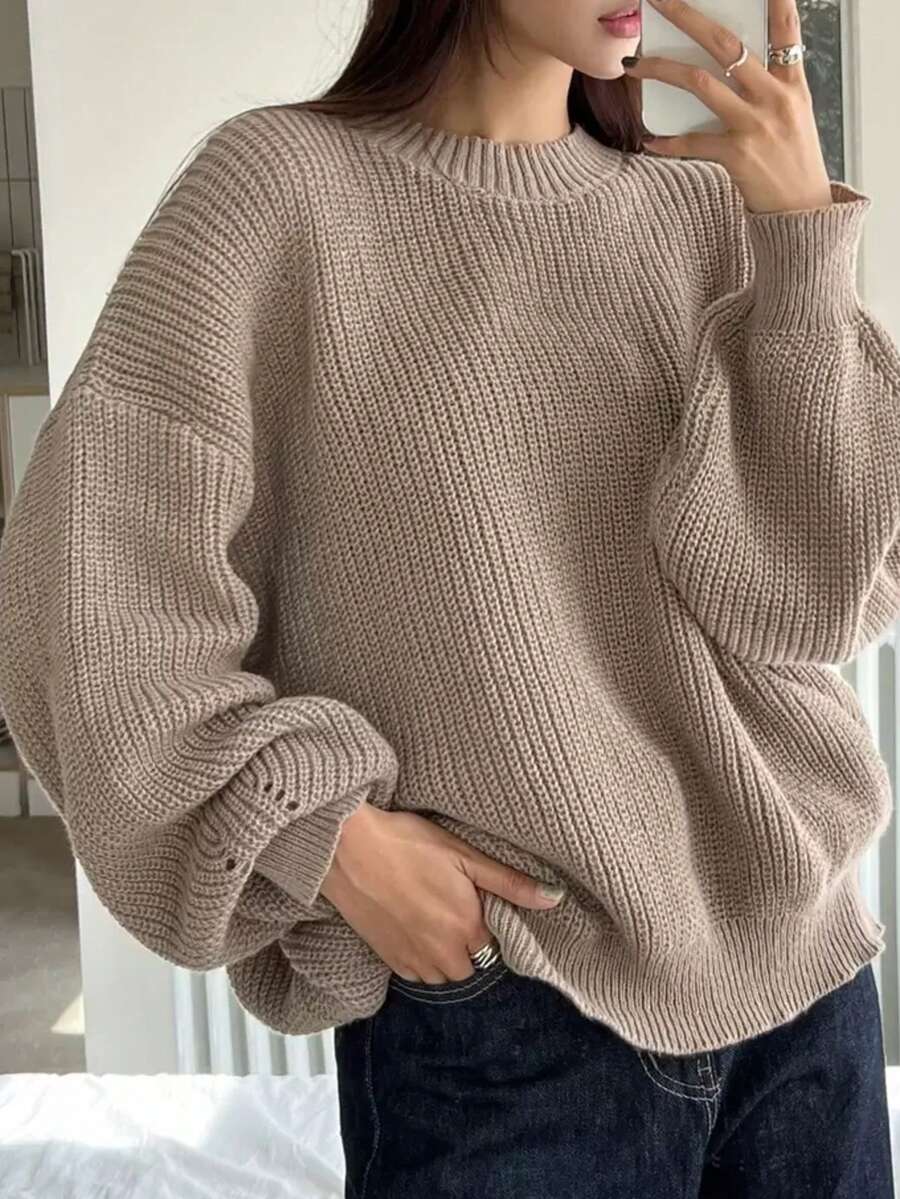 1 件女童休闲厚套头衫，秋冬舒适学生针织衫 - 柔软舒适的纯色毛衣，棕色针织毛衣 - 淺灰色 - 查看 1