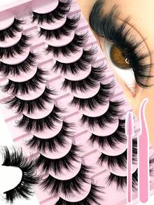 10Pairs Of 5D Fluffy Artificial Mink Eyelashes Slim False Eyelashes Thick False Eyelashes Curling False Eyelashes 3D Natural False Eyelashes Suitable For Holiday Parties Halloween Christmas False Eyelashes Cat Eye Lashes For Halloween Cosplay Manga Various Occasions - 黑色 - 查看 1