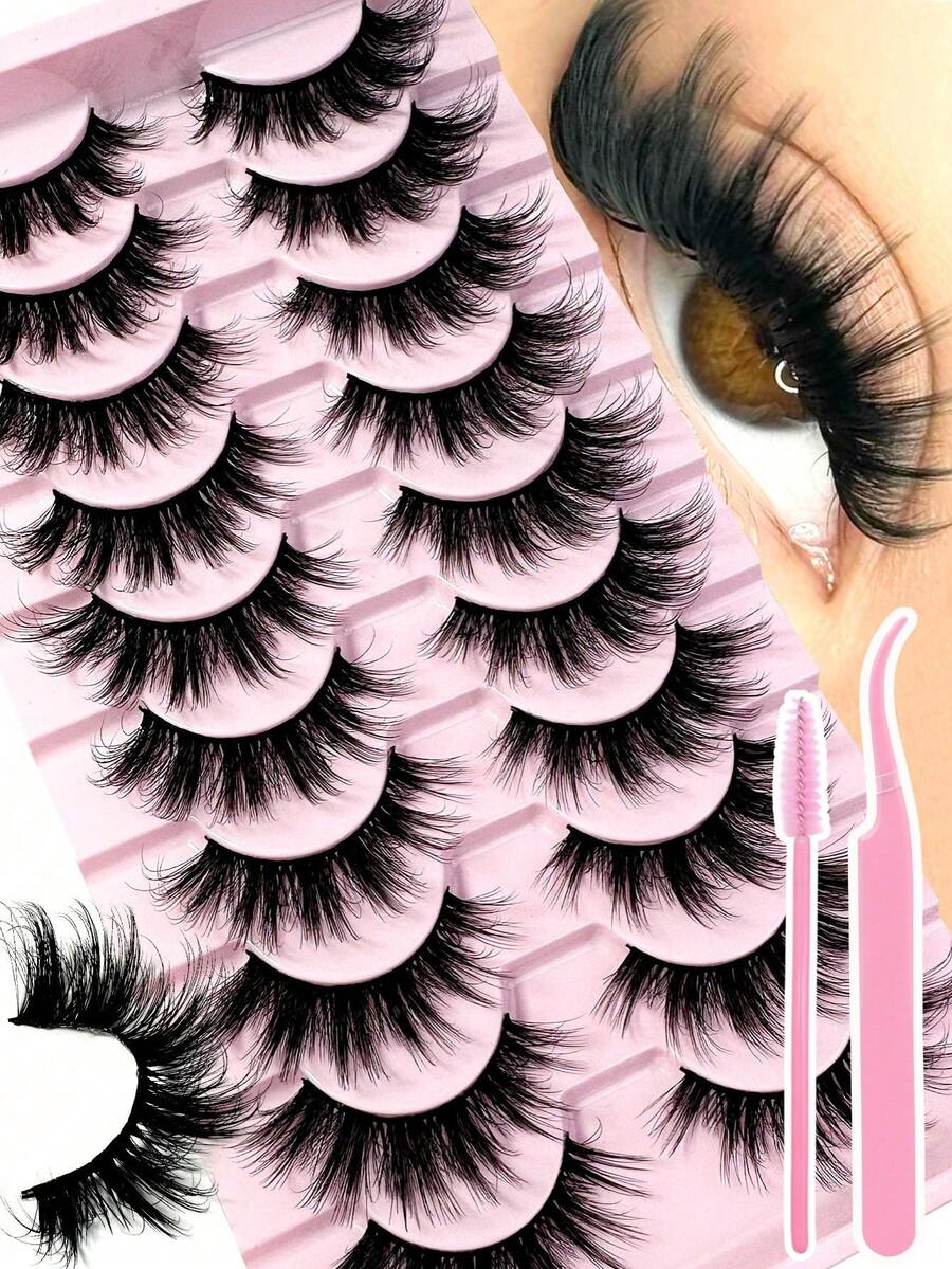 10Pairs Of 5D Fluffy Artificial Mink Eyelashes Slim False Eyelashes Thick False Eyelashes Curling False Eyelashes 3D Natural False Eyelashes Suitable For Holiday Parties Halloween Christmas False Eyelashes Cat Eye Lashes For Halloween Cosplay Manga Various Occasions - 黑色 - 查看 1
