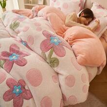 1pc Snowflake Fleece Floral & Cartoon Print Pink Duvet Cover, Warm & Reversible For Bedroom Bedding, Suitable For Spring, Autumn & Winter
