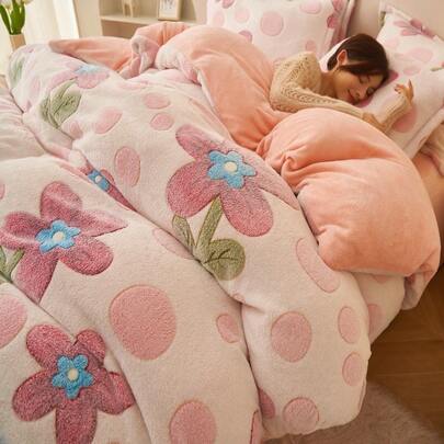 1 件雪花羊毛花卉卡通印花粉色羽绒被套，温暖可翻转，适合卧室床上用品，适合春季、秋季和冬季