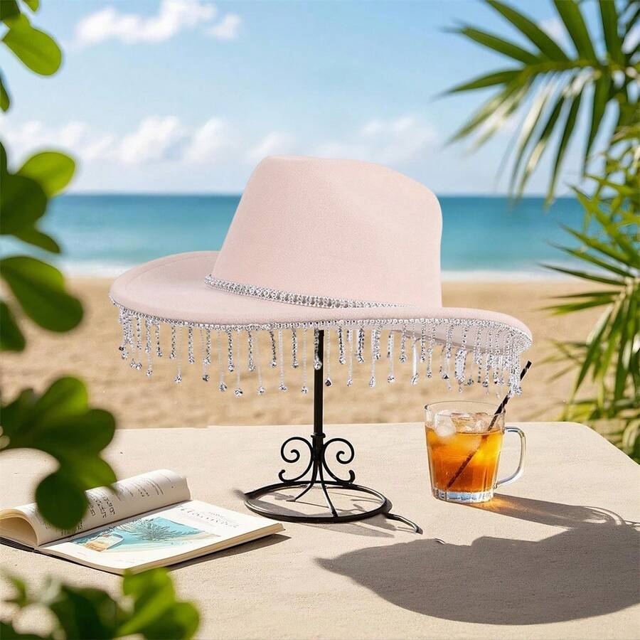 Women Men Wide Brim Cowgirl Hat Rhinestone Tassel Decor Wool Hat Felt Jazz Cap For Party