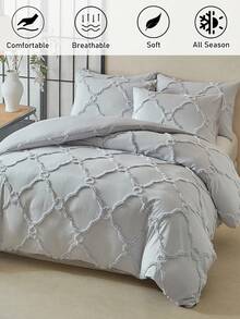 2/3pcs Light Grey Diamond Pattern Tufted Polyester Duvet Cover Set, Chic Modern Luxury Queen Size Bedding Set For All Seasons (1 Duvet Cover+ 1/2 Pillow Shams), Soft& Breathable, No Filler - Grey - View 2