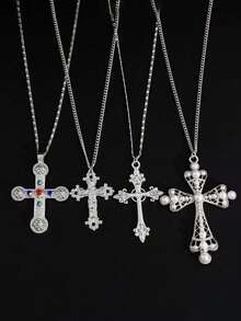 4pcs Fashionable & Unique Cross Pendant Necklace, Layered Pearl Long Chain Choker Necklace, Great For Father's Day & Mother's Day - New 4-piece Set Style 2 - View 6