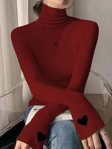 女士修身爱心图案高领长袖T恤，春夏款，适合新年、情人节等场合 - 酒紅色 - 查看 1