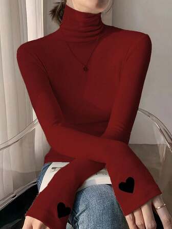 Camiseta de manga larga con cuello alto y patrón de corazón para mujer, ajuste ceñido, adecuada para primavera/verano, Navidad y Año Nuevo