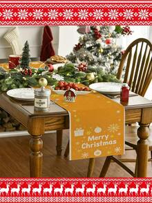 1 pieza Mantel decorativo navideño, Opciones de tamaños múltiples para camino de mesa, Decoración navideña para el hogar, Papá Noel, Campanas, Muñeco de nieve, Hombre de jengibre, Árbol de Navidad, Regalos, Enanos